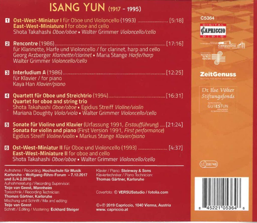 Chamber Music of Isang Yun - Capriccio CD C5364